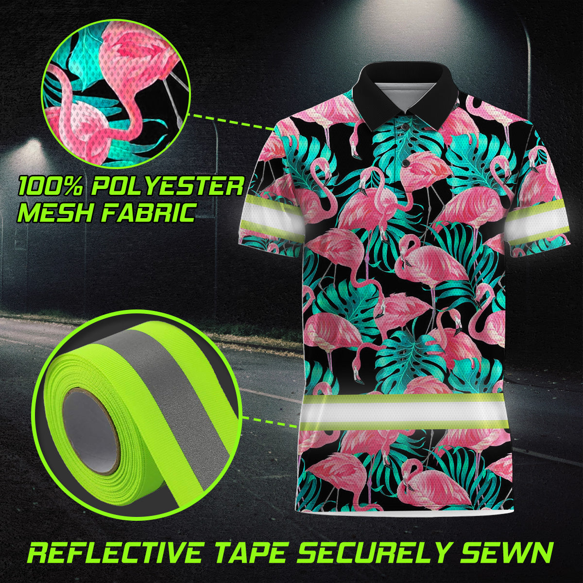 Hi Vis Polo Shirts Reflective Tapes Pink Flamingo Flower Hawaiian Custom Name Safety Workwear