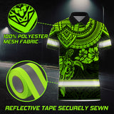 Hi Vis Polo Shirts Reflective Tapes Green Turtle Flower Hawaiian Polynesian Tribal Custom Name Safety Workwear For Workers, Runners, Cyclists