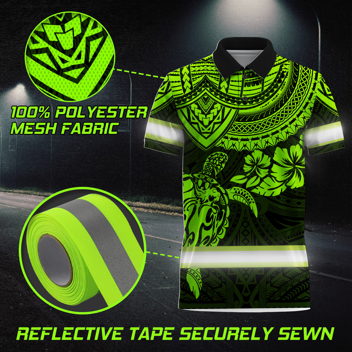Hi Vis Polo Shirts Reflective Tapes Green Turtle Flower Hawaiian Polynesian Tribal Custom Name Safety Workwear For Workers, Runners, Cyclists