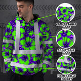 Hi Vis Hoodie Reflective Tapes Green Neon And Violet Flowers Custom Name Safety Workwear For Workers, Truckers, Operators