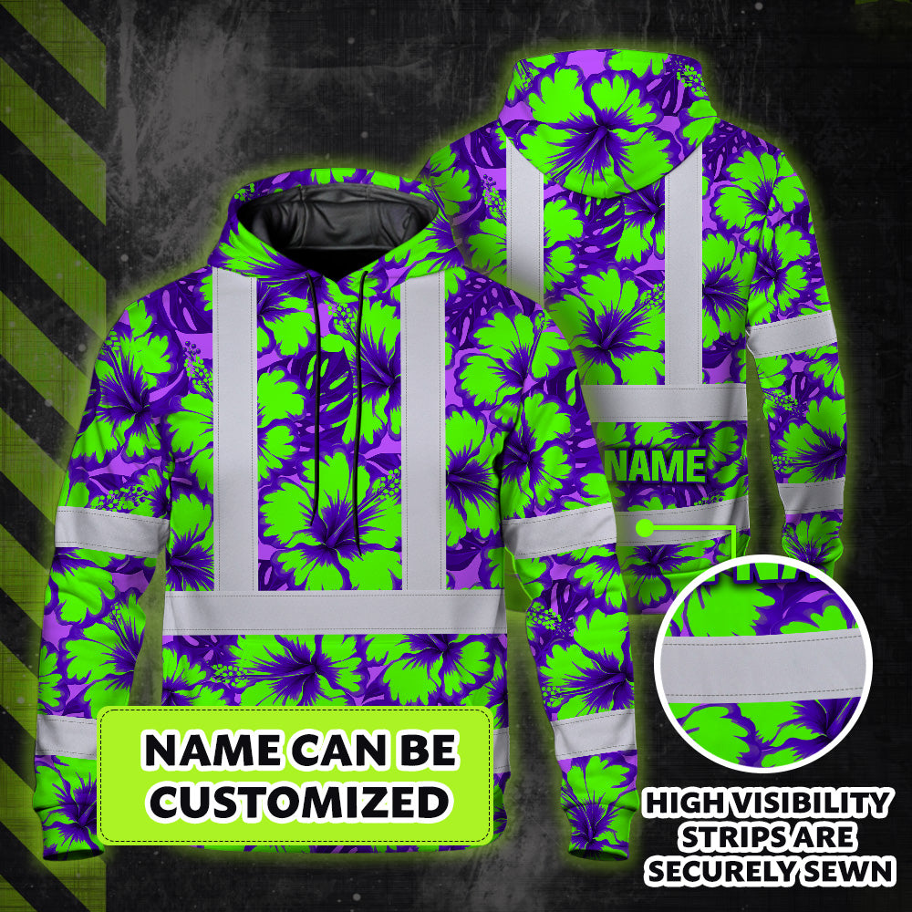 Hi Vis Hoodie Reflective Tapes Green Neon And Violet Flowers Custom Name Safety Workwear For Workers, Truckers, Operators