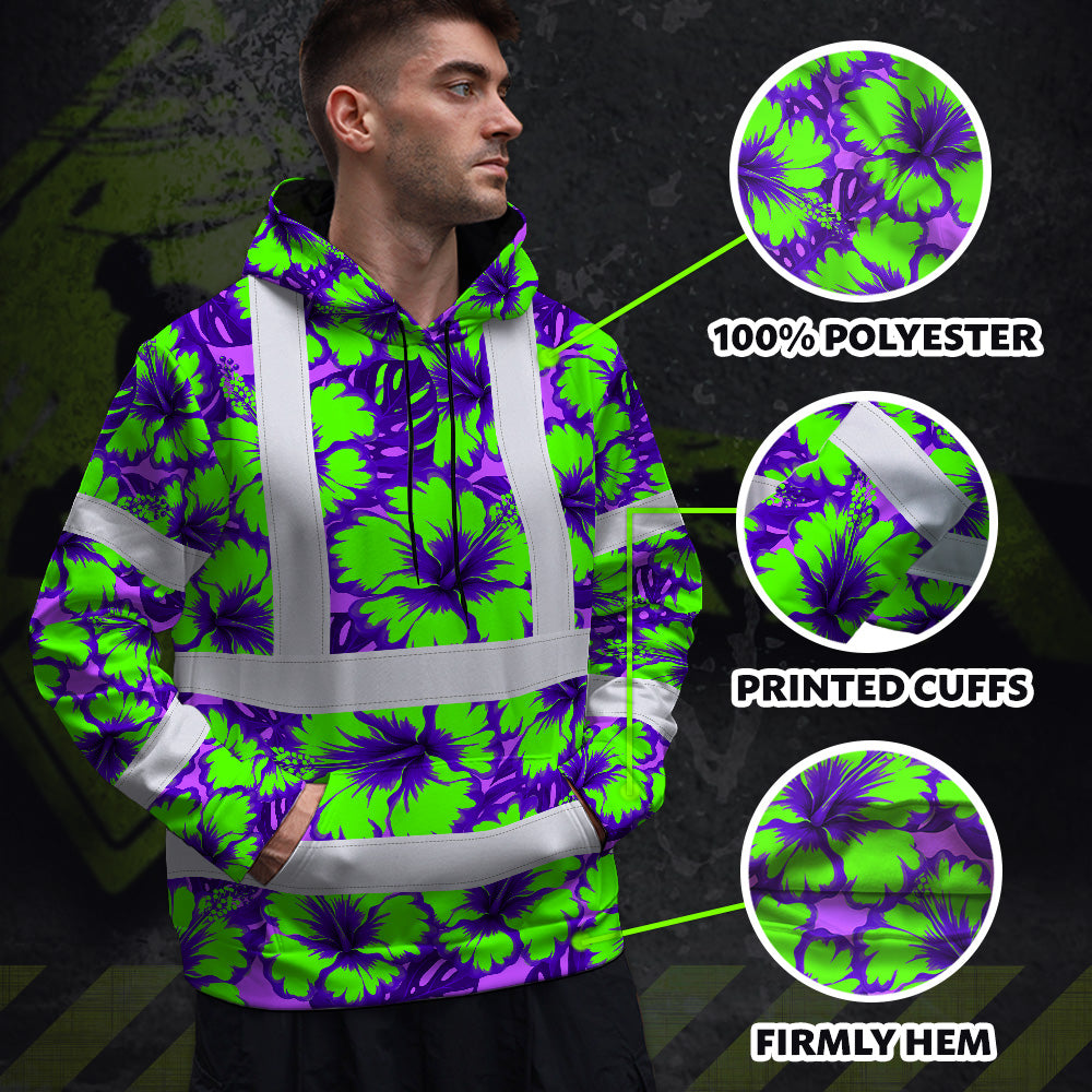 Hi Vis Hoodie Reflective Tapes Green Neon And Violet Flowers Custom Name Safety Workwear For Workers, Truckers, Operators