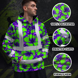 Hi Vis Hoodie Reflective Tapes Green Neon And Violet Flowers Custom Name Safety Workwear For Workers, Truckers, Operators