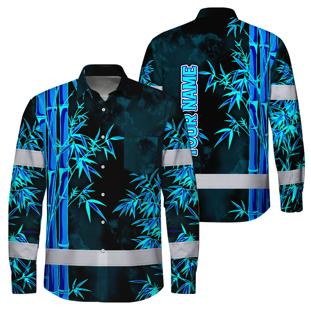 Hi Vis Hawaiian Long Sleeve Shirt Reflective Tape Blue Neon Bamboo Hi-Vis Long Sleeve Shirt