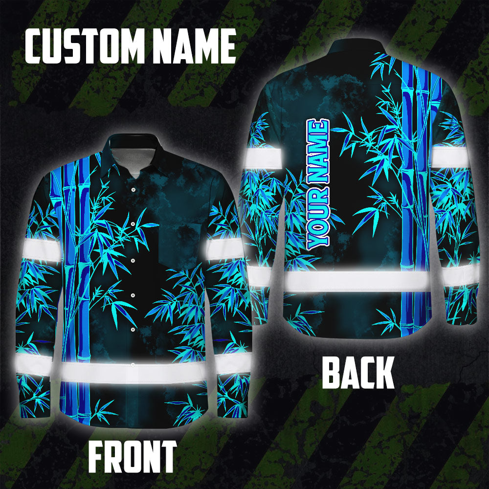Hi Vis Hawaiian Long Sleeve Shirt Reflective Tape Blue Neon Bamboo Hi-Vis Long Sleeve Shirt