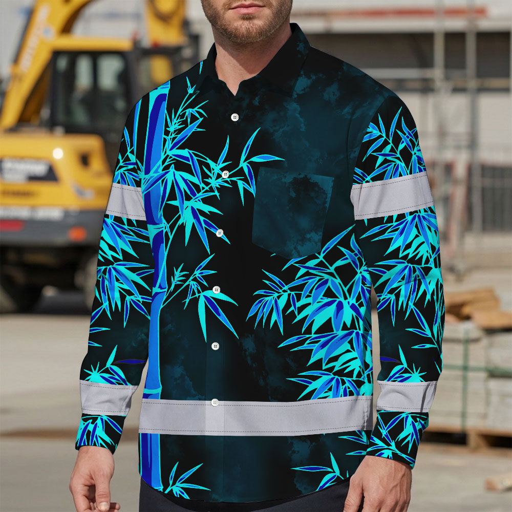 Hi Vis Hawaiian Long Sleeve Shirt Reflective Tape Blue Neon Bamboo Hi-Vis Long Sleeve Shirt