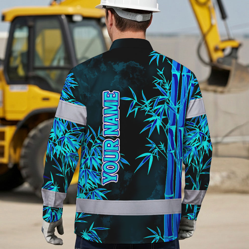 Hi Vis Hawaiian Long Sleeve Shirt Reflective Tape Blue Neon Bamboo Hi-Vis Long Sleeve Shirt