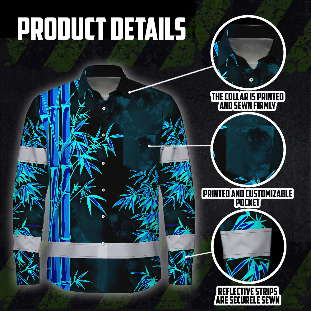 Hi Vis Hawaiian Long Sleeve Shirt Reflective Tape Blue Neon Bamboo Hi-Vis Long Sleeve Shirt