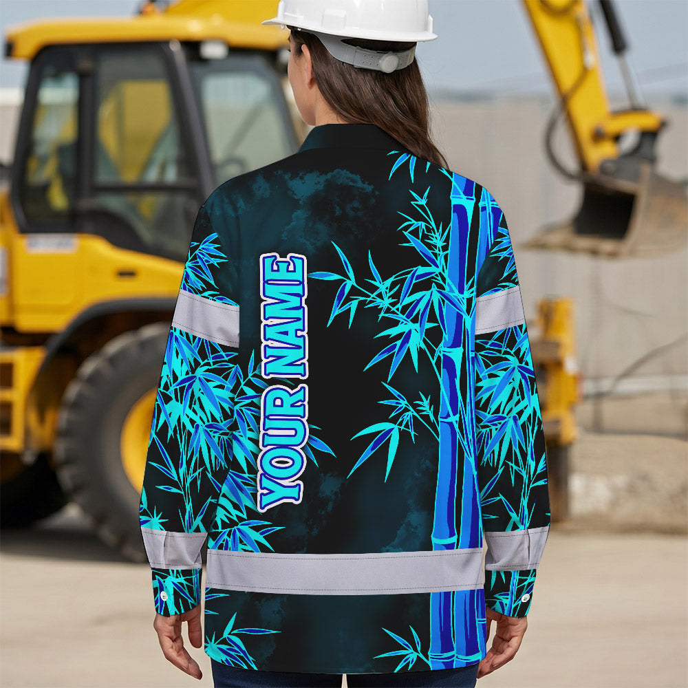 Hi Vis Hawaiian Long Sleeve Shirt Reflective Tape Blue Neon Bamboo Hi-Vis Long Sleeve Shirt