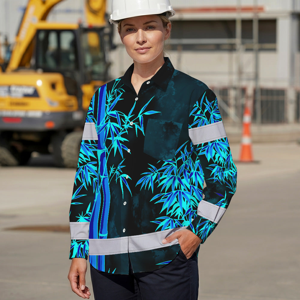 Hi Vis Hawaiian Long Sleeve Shirt Reflective Tape Blue Neon Bamboo Hi-Vis Long Sleeve Shirt
