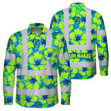 Hi Vis Hawaiian Long Sleeve Shirt Reflective Tapes Blue Neon And Green Flowers Custom Name Safety Workwear For Workers, Truckers, Operators