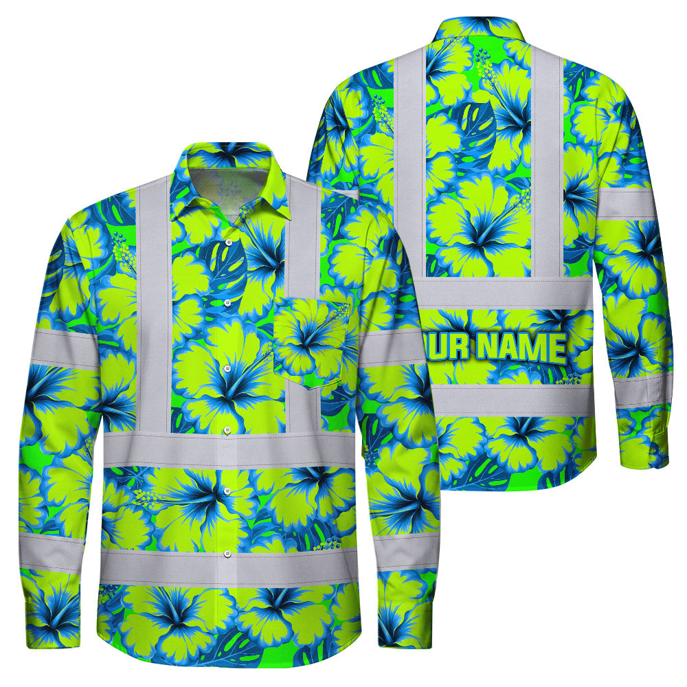 Hi Vis Hawaiian Long Sleeve Shirt Reflective Tapes Blue Neon And Green Flowers Custom Name Safety Workwear For Workers, Truckers, Operators