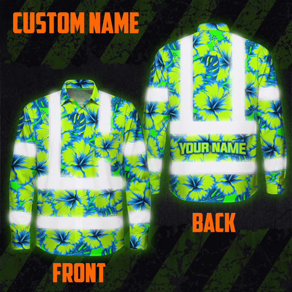 Hi Vis Hawaiian Long Sleeve Shirt Reflective Tapes Blue Neon And Green Flowers Custom Name Safety Workwear For Workers, Truckers, Operators