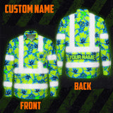 Hi Vis Hawaiian Long Sleeve Shirt Reflective Tapes Blue Neon And Green Flowers Custom Name Safety Workwear For Workers, Truckers, Operators