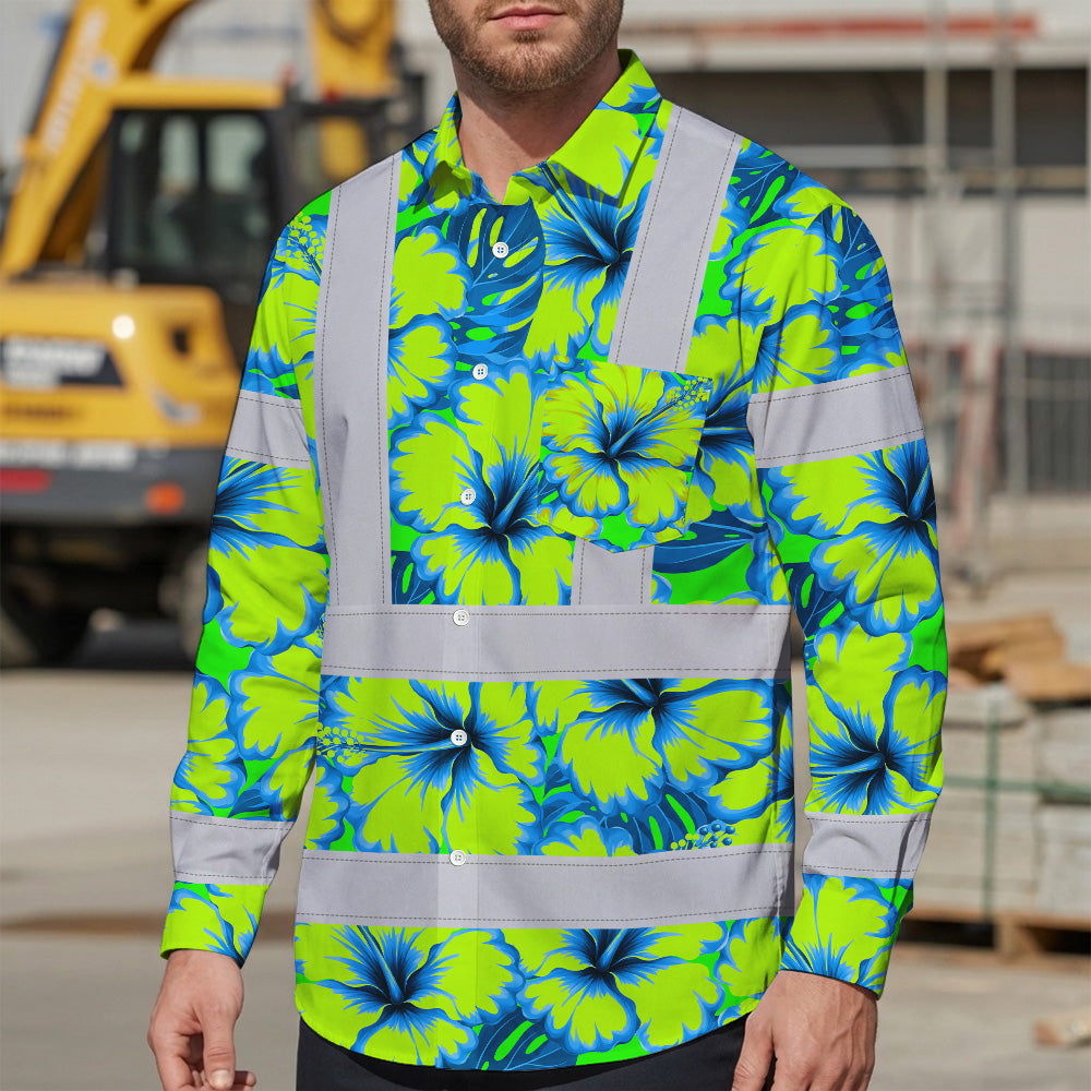 Hi Vis Hawaiian Long Sleeve Shirt Reflective Tapes Blue Neon And Green Flowers Custom Name Safety Workwear For Workers, Truckers, Operators