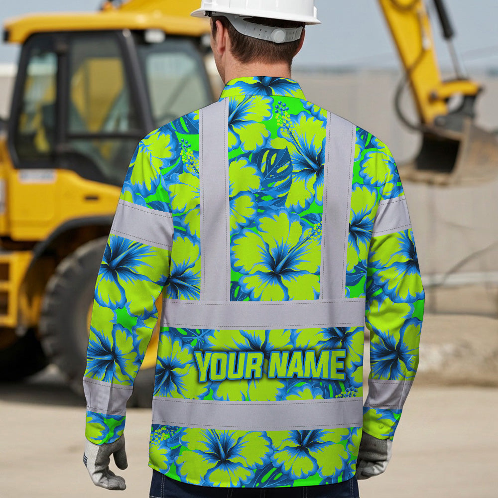 Hi Vis Hawaiian Long Sleeve Shirt Reflective Tapes Blue Neon And Green Flowers Custom Name Safety Workwear For Workers, Truckers, Operators