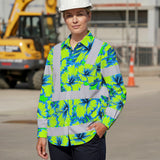 Hi Vis Hawaiian Long Sleeve Shirt Reflective Tapes Blue Neon And Green Flowers Custom Name Safety Workwear For Workers, Truckers, Operators