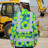 Hi Vis Hawaiian Long Sleeve Shirt Reflective Tapes Blue Neon And Green Flowers Custom Name Safety Workwear For Workers, Truckers, Operators