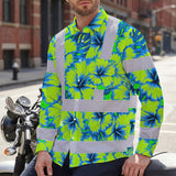 Hi Vis Hawaiian Long Sleeve Shirt Reflective Tapes Blue Neon And Green Flowers Custom Name Safety Workwear For Workers, Truckers, Operators