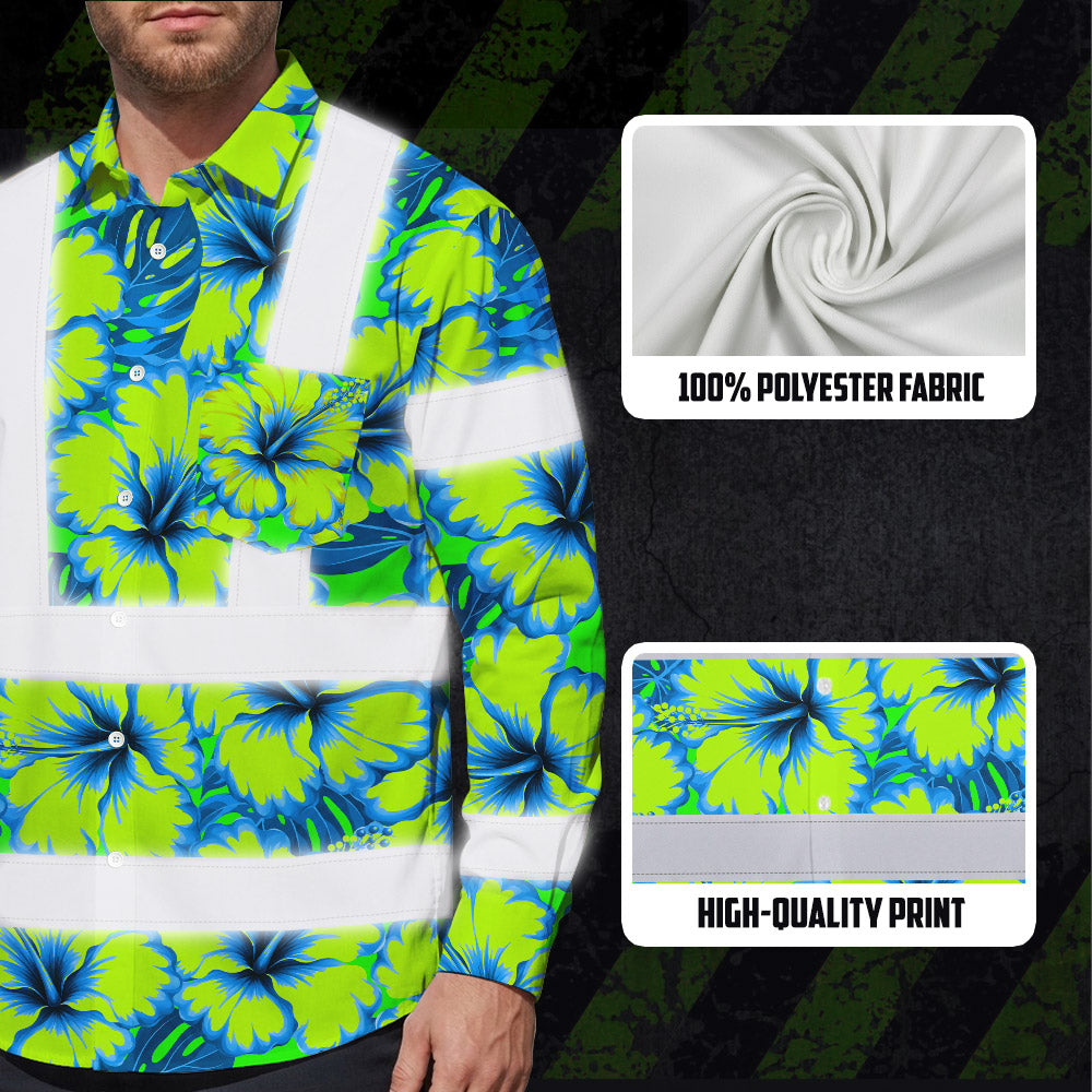 Hi Vis Hawaiian Long Sleeve Shirt Reflective Tapes Blue Neon And Green Flowers Custom Name Safety Workwear For Workers, Truckers, Operators