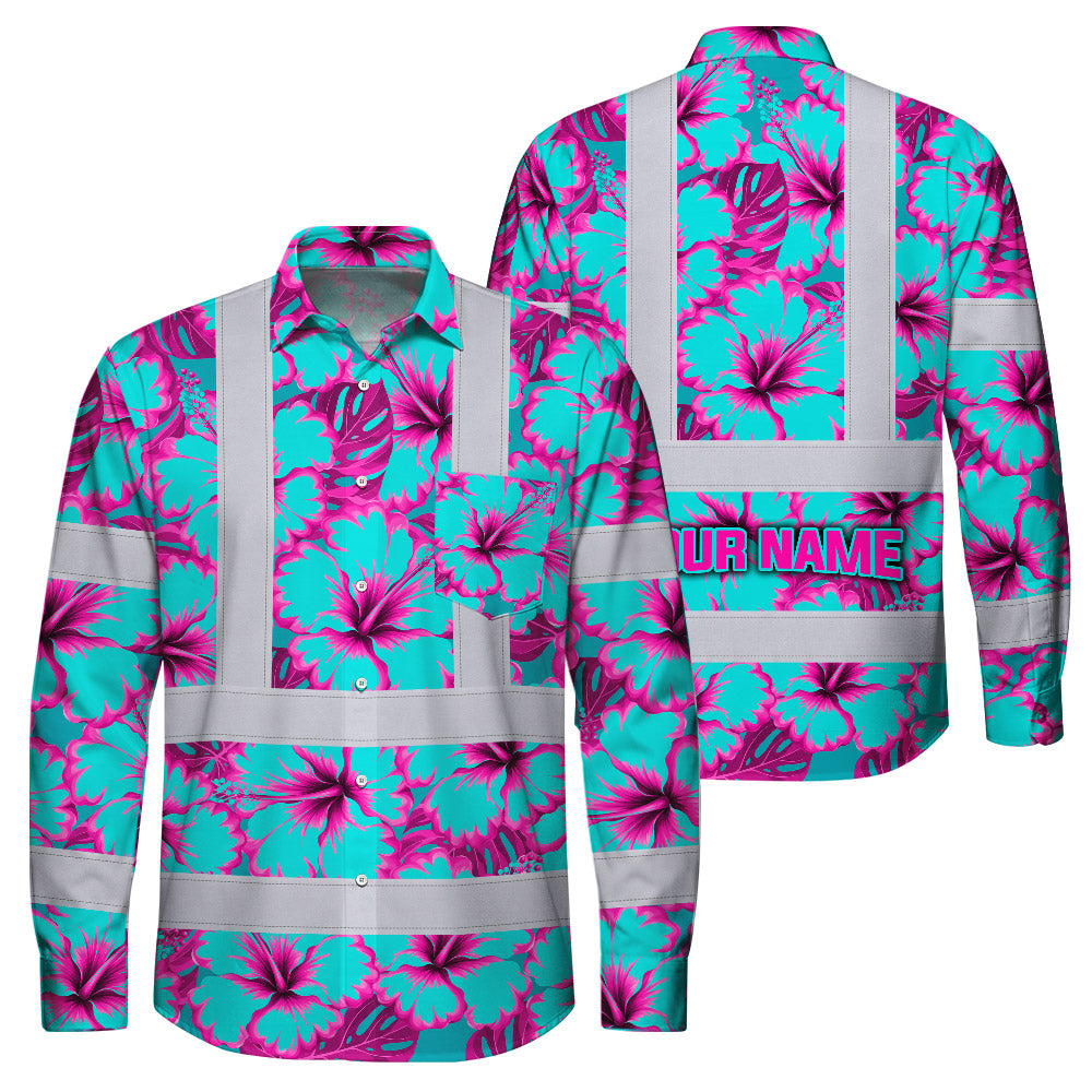 Hi Vis Hawaiian Long Sleeve Shirt Reflective Tapes Blue Neon And Pink Flowers Custom Name Safety Workwear For Workers, Truckers, Operators