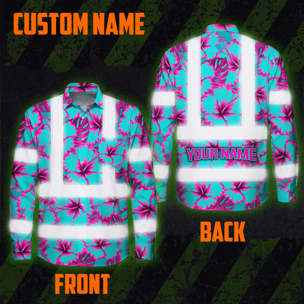 Hi Vis Hawaiian Long Sleeve Shirt Reflective Tapes Blue Neon And Pink Flowers Custom Name Safety Workwear For Workers, Truckers, Operators