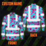 Hi Vis Hawaiian Long Sleeve Shirt Reflective Tapes Blue Neon And Pink Flowers Custom Name Safety Workwear For Workers, Truckers, Operators