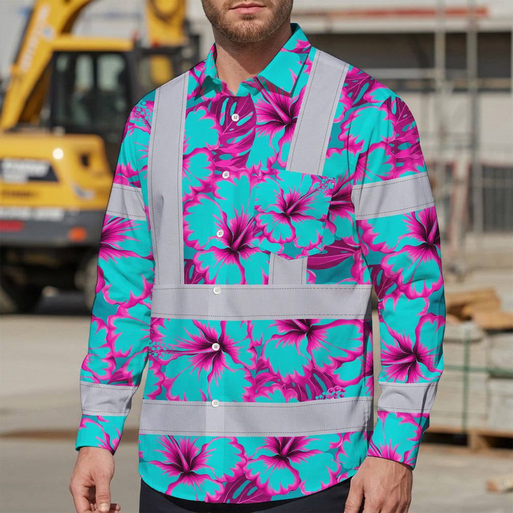 Hi Vis Hawaiian Long Sleeve Shirt Reflective Tapes Blue Neon And Pink Flowers Custom Name Safety Workwear For Workers, Truckers, Operators