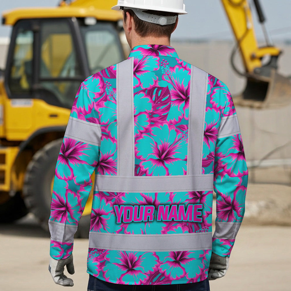 Hi Vis Hawaiian Long Sleeve Shirt Reflective Tapes Blue Neon And Pink Flowers Custom Name Safety Workwear For Workers, Truckers, Operators