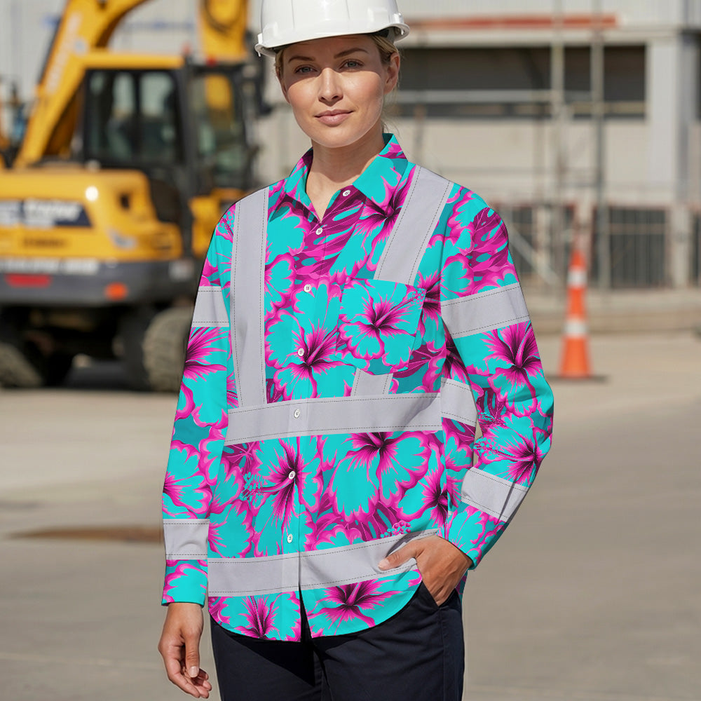 Hi Vis Hawaiian Long Sleeve Shirt Reflective Tapes Blue Neon And Pink Flowers Custom Name Safety Workwear For Workers, Truckers, Operators
