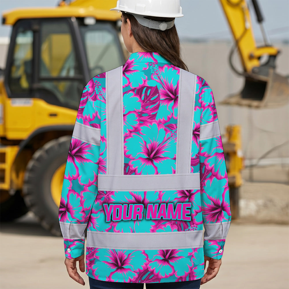 Hi Vis Hawaiian Long Sleeve Shirt Reflective Tapes Blue Neon And Pink Flowers Custom Name Safety Workwear For Workers, Truckers, Operators