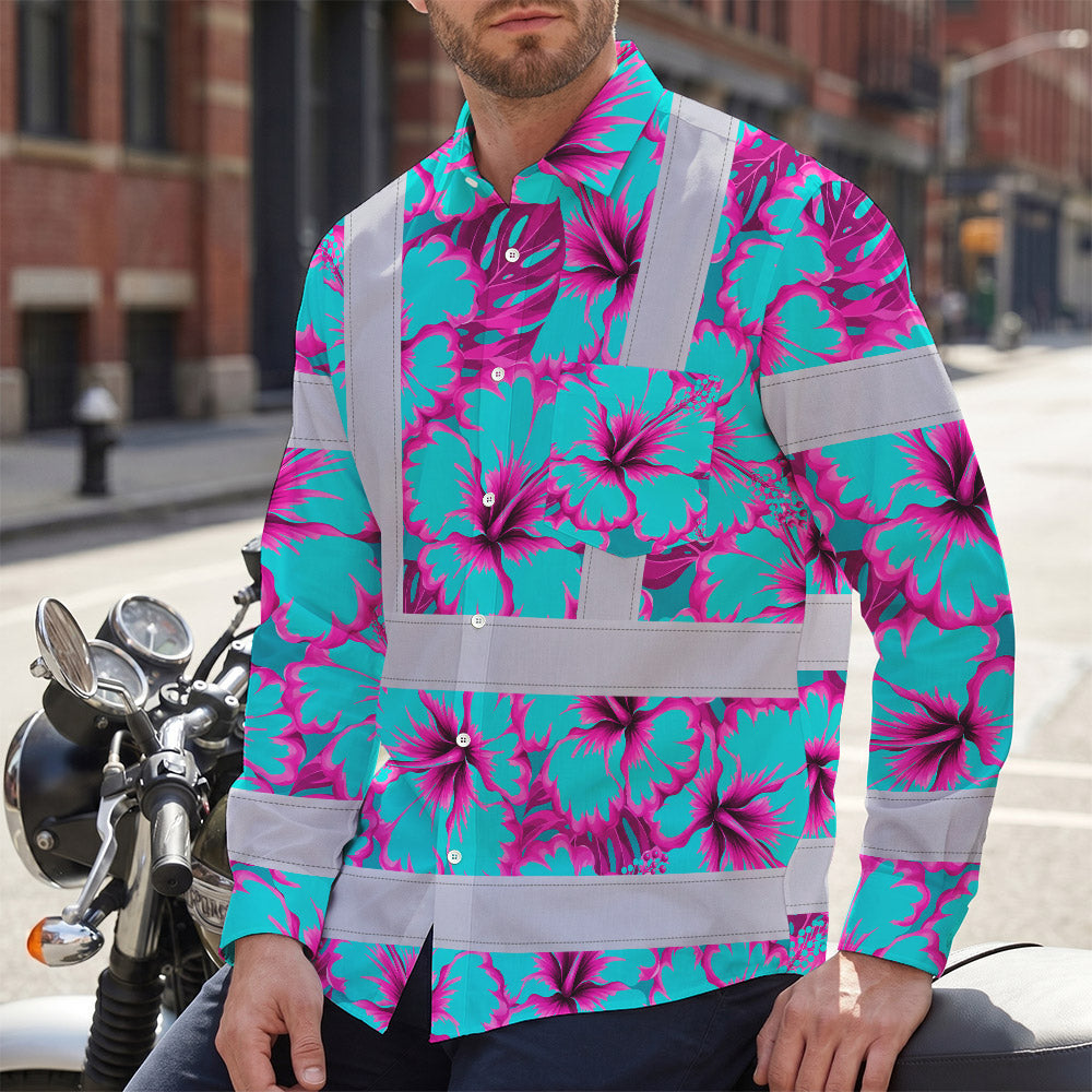 Hi Vis Hawaiian Long Sleeve Shirt Reflective Tapes Blue Neon And Pink Flowers Custom Name Safety Workwear For Workers, Truckers, Operators