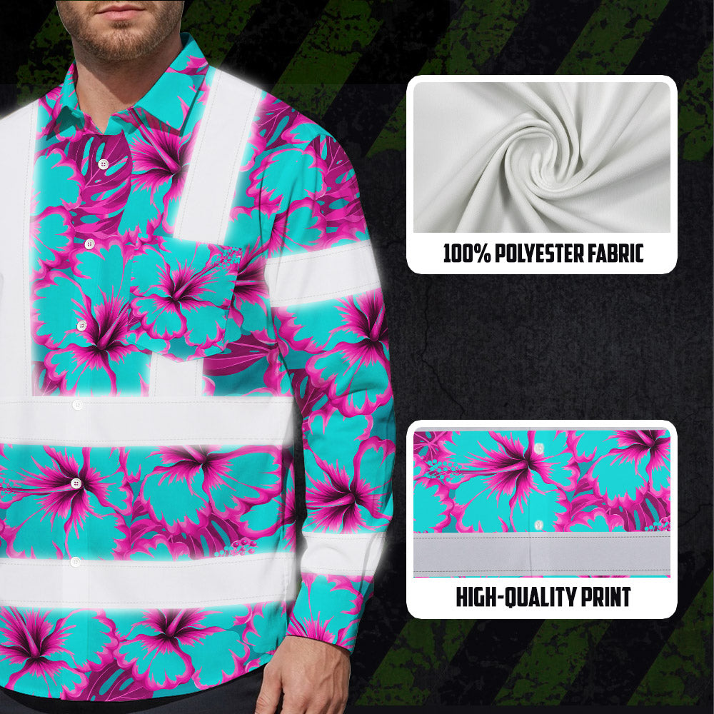 Hi Vis Hawaiian Long Sleeve Shirt Reflective Tapes Blue Neon And Pink Flowers Custom Name Safety Workwear For Workers, Truckers, Operators