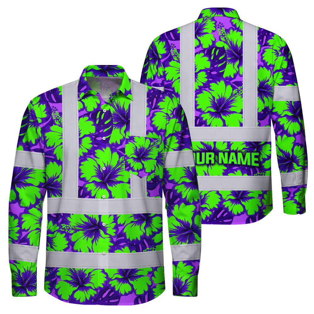 Hi Vis Hawaiian Long Sleeve Shirt Reflective Tapes Green Neon And Violet Flowers Custom Name Safety Workwear For Workers, Truckers, Operators