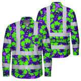 Hi Vis Hawaiian Long Sleeve Shirt Reflective Tapes Green Neon And Violet Flowers Custom Name Safety Workwear For Workers, Truckers, Operators