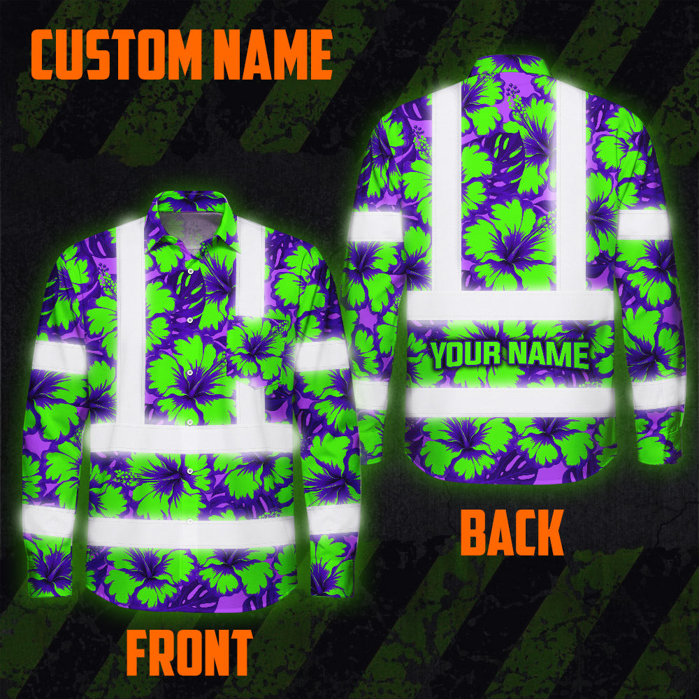 Hi Vis Hawaiian Long Sleeve Shirt Reflective Tapes Green Neon And Violet Flowers Custom Name Safety Workwear For Workers, Truckers, Operators