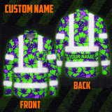 Hi Vis Hawaiian Long Sleeve Shirt Reflective Tapes Green Neon And Violet Flowers Custom Name Safety Workwear For Workers, Truckers, Operators