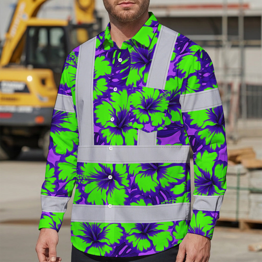 Hi Vis Hawaiian Long Sleeve Shirt Reflective Tapes Green Neon And Violet Flowers Custom Name Safety Workwear For Workers, Truckers, Operators