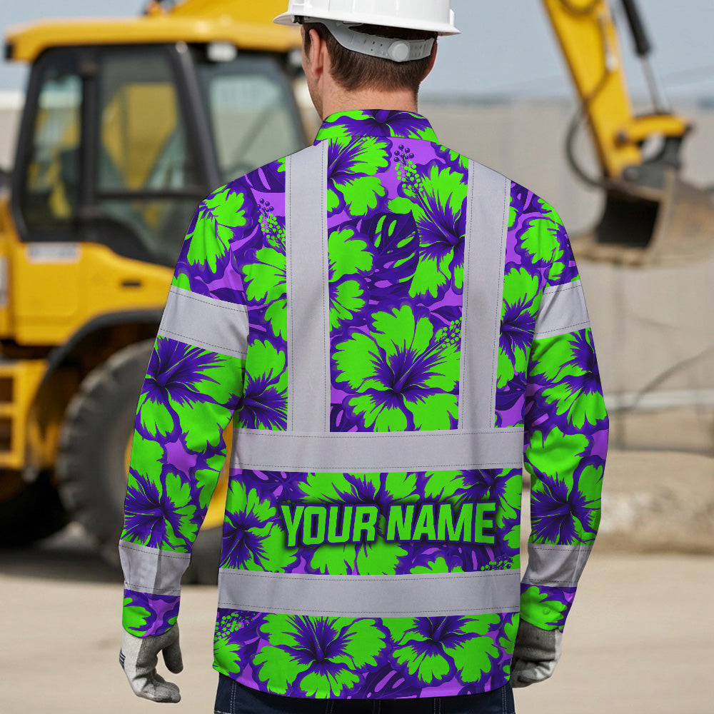 Hi Vis Hawaiian Long Sleeve Shirt Reflective Tapes Green Neon And Violet Flowers Custom Name Safety Workwear For Workers, Truckers, Operators