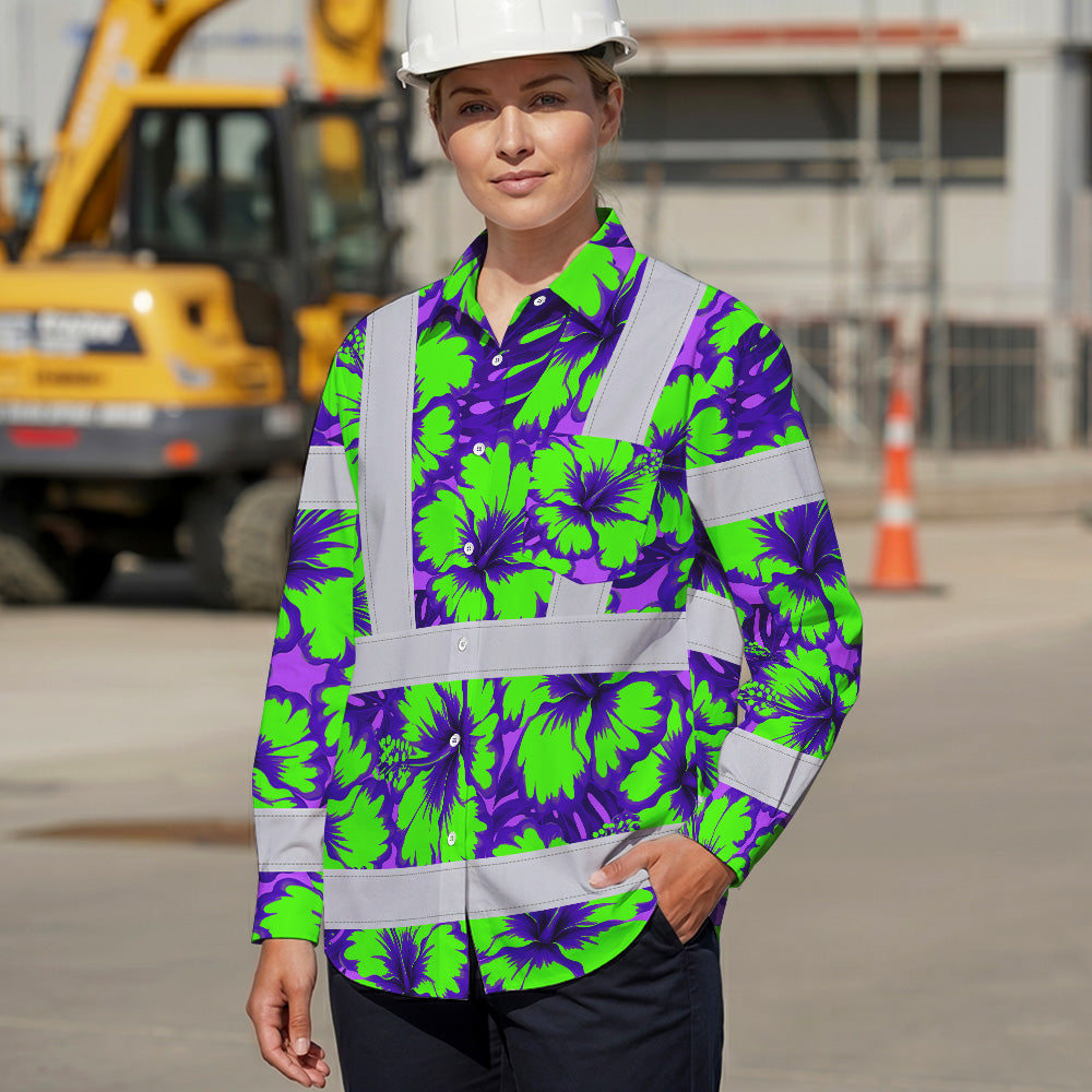 Hi Vis Hawaiian Long Sleeve Shirt Reflective Tapes Green Neon And Violet Flowers Custom Name Safety Workwear For Workers, Truckers, Operators