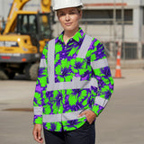 Hi Vis Hawaiian Long Sleeve Shirt Reflective Tapes Green Neon And Violet Flowers Custom Name Safety Workwear For Workers, Truckers, Operators