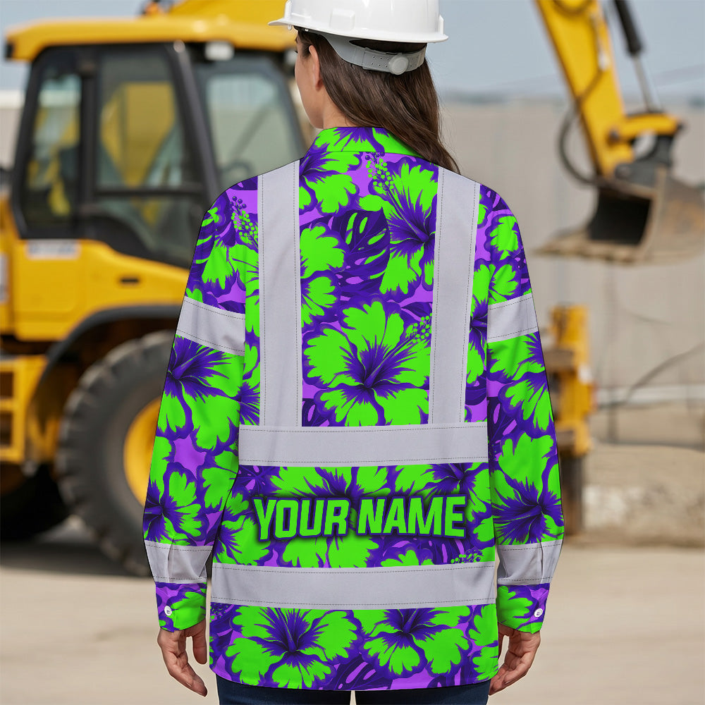 Hi Vis Hawaiian Long Sleeve Shirt Reflective Tapes Green Neon And Violet Flowers Custom Name Safety Workwear For Workers, Truckers, Operators