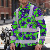 Hi Vis Hawaiian Long Sleeve Shirt Reflective Tapes Green Neon And Violet Flowers Custom Name Safety Workwear For Workers, Truckers, Operators