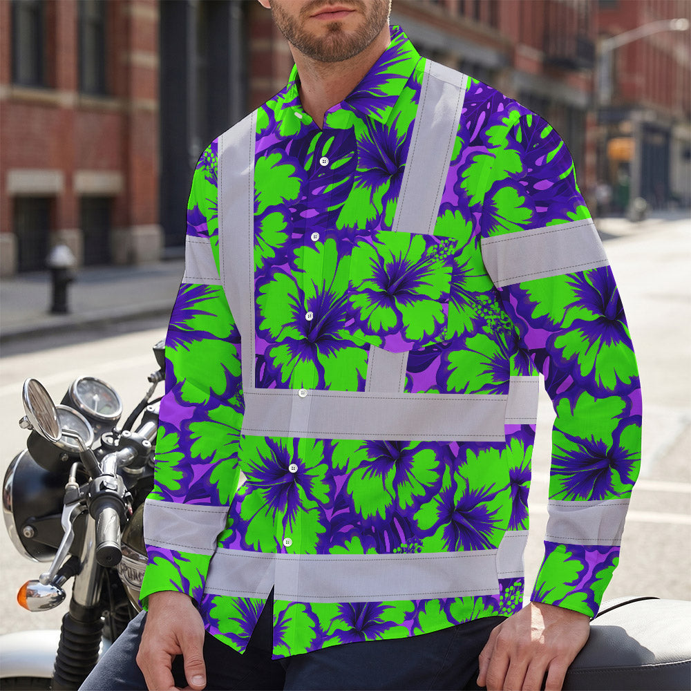 Hi Vis Hawaiian Long Sleeve Shirt Reflective Tapes Green Neon And Violet Flowers Custom Name Safety Workwear For Workers, Truckers, Operators