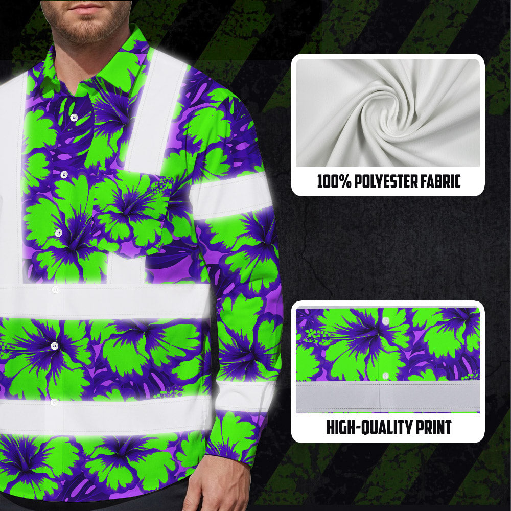 Hi Vis Hawaiian Long Sleeve Shirt Reflective Tapes Green Neon And Violet Flowers Custom Name Safety Workwear For Workers, Truckers, Operators
