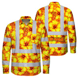 Hi Vis Hawaiian Long Sleeve Shirt Reflective Tapes Orange Neon And Yellow Flowers Custom Name Safety Workwear For Workers, Truckers, Operators