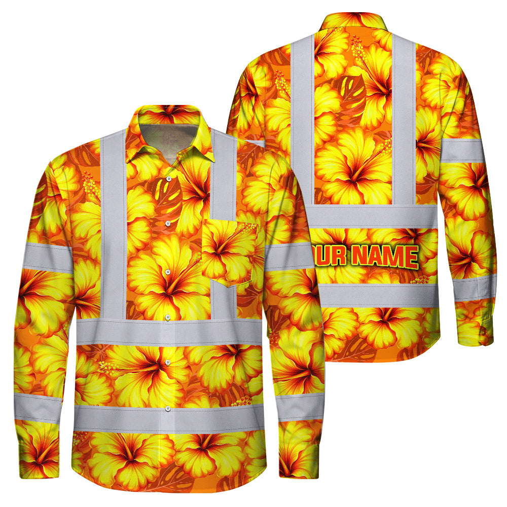 Hi Vis Hawaiian Long Sleeve Shirt Reflective Tapes Orange Neon And Yellow Flowers Custom Name Safety Workwear For Workers, Truckers, Operators