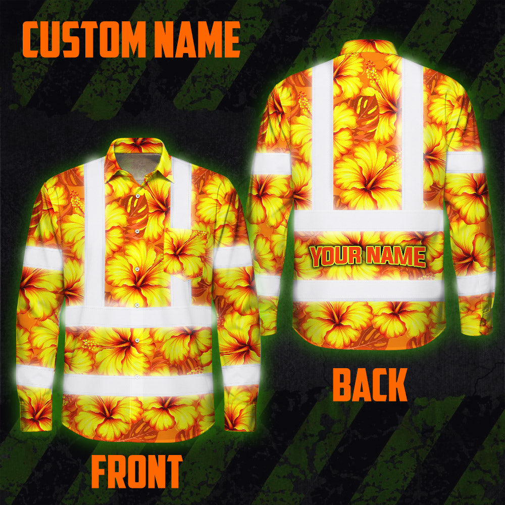 Hi Vis Hawaiian Long Sleeve Shirt Reflective Tapes Orange Neon And Yellow Flowers Custom Name Safety Workwear For Workers, Truckers, Operators