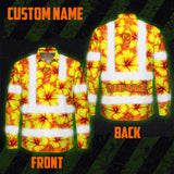 Hi Vis Hawaiian Long Sleeve Shirt Reflective Tapes Orange Neon And Yellow Flowers Custom Name Safety Workwear For Workers, Truckers, Operators