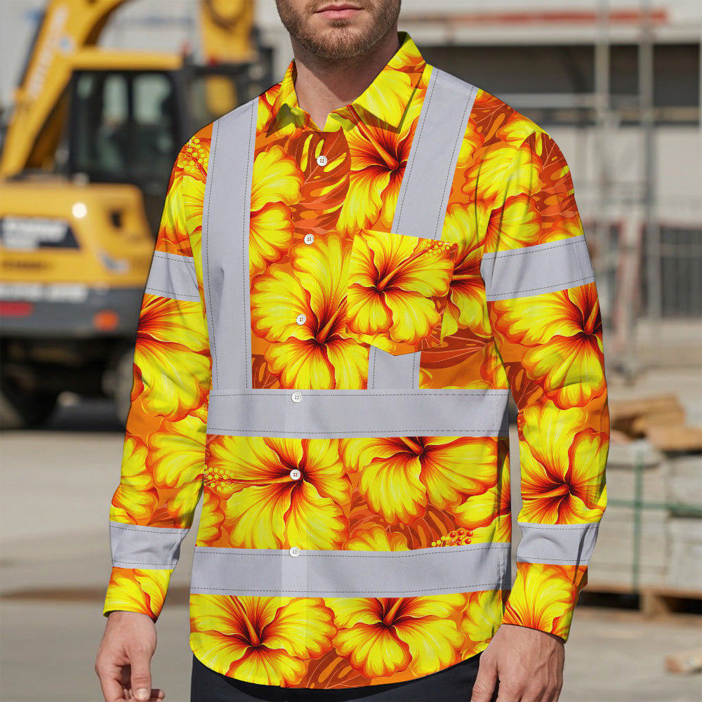 Hi Vis Hawaiian Long Sleeve Shirt Reflective Tapes Orange Neon And Yellow Flowers Custom Name Safety Workwear For Workers, Truckers, Operators